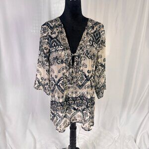 Sheer Beaded V-Neck Top With Tie & 3/4 Sleeves By Ravinya Size S